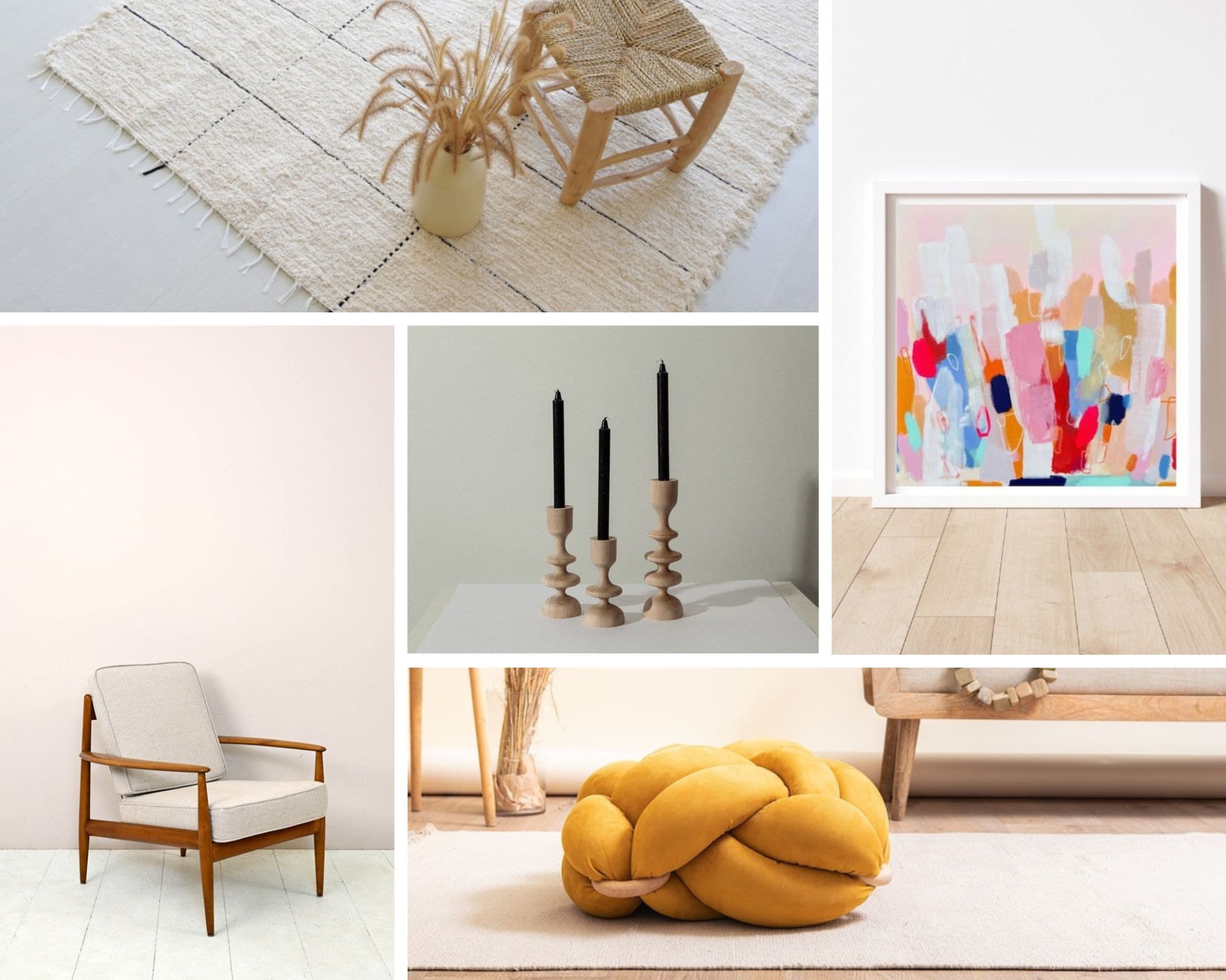 A collection of well-crafted home decor products from Etsy, including chairs, rugs, and wall art.