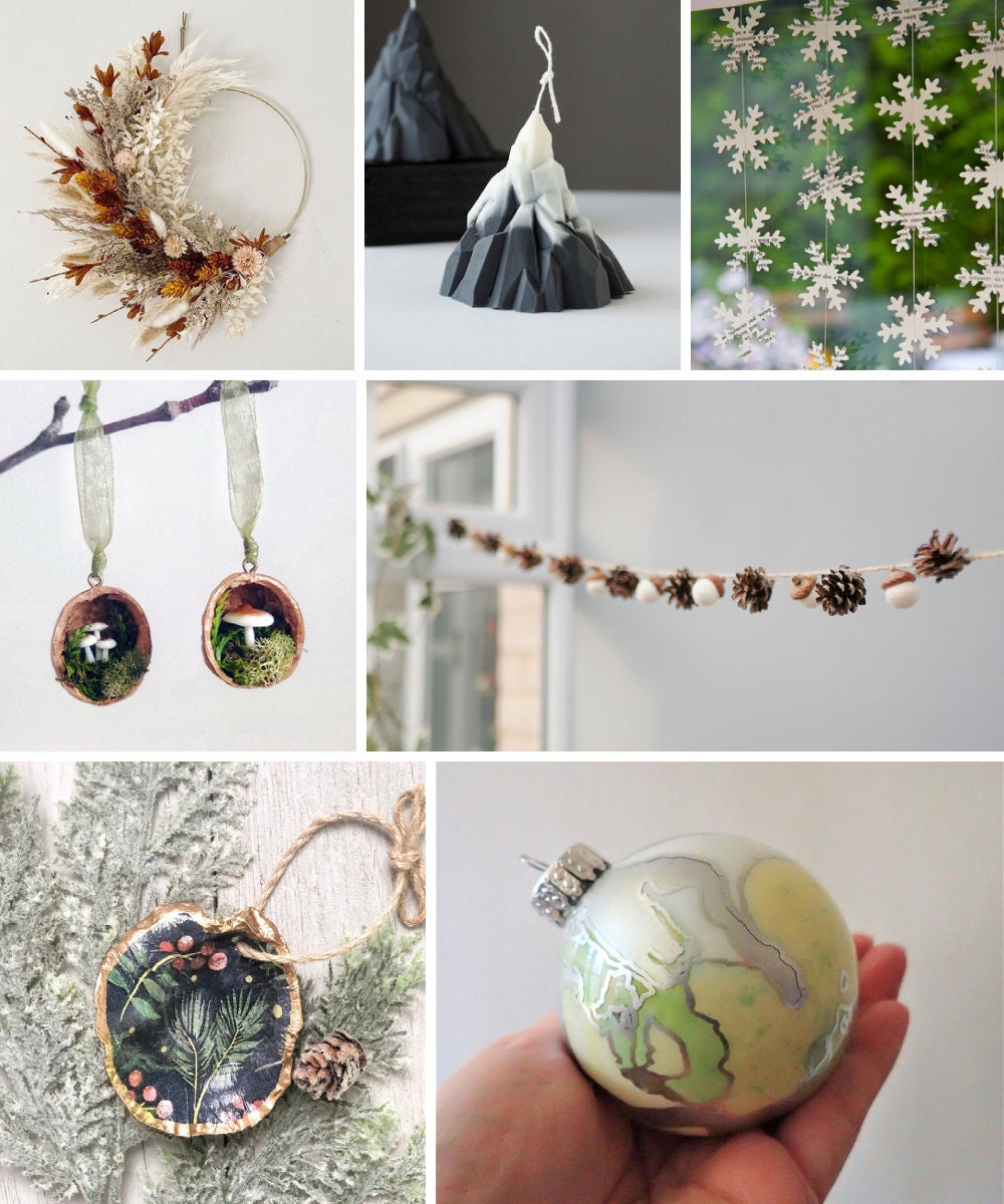 A collage of nature-inspired decor from Etsy