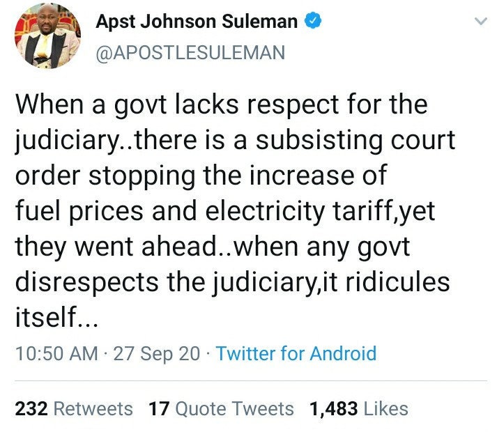Apostle Johnson Suleman speaks against Government monopoly on the Nigerian Judicial system