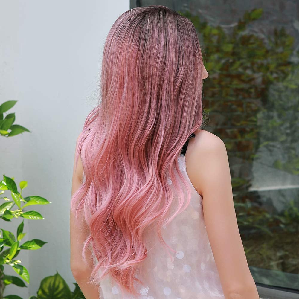 Dark Root Pink Ombre Synthetic Wig for Black & White Women, Natural Look Hair No Lace Front Long Wig Heat Resistant, Long Wavy Layered Ombre