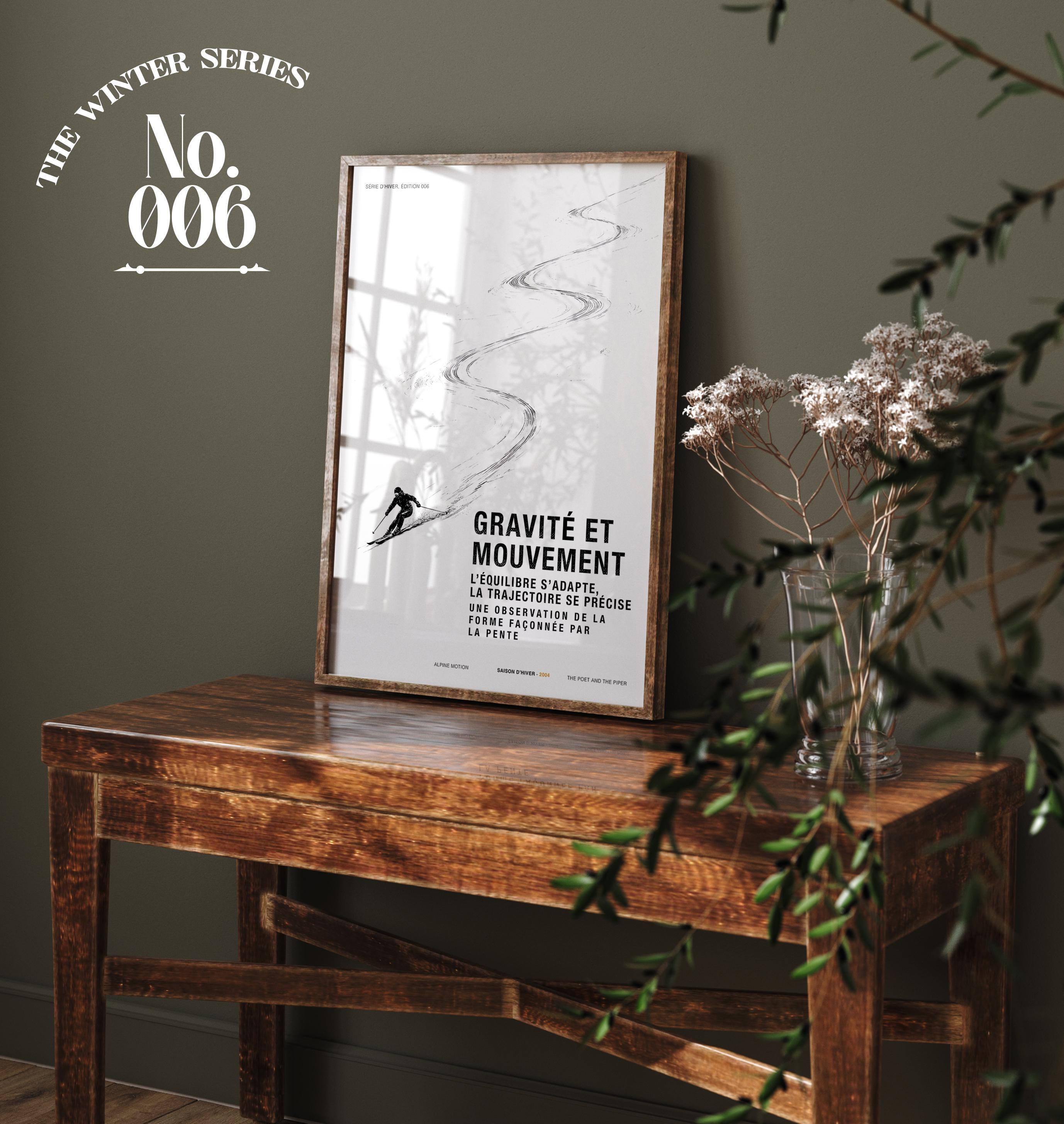 Minimalist poster perched on a side table in the hallway of a house