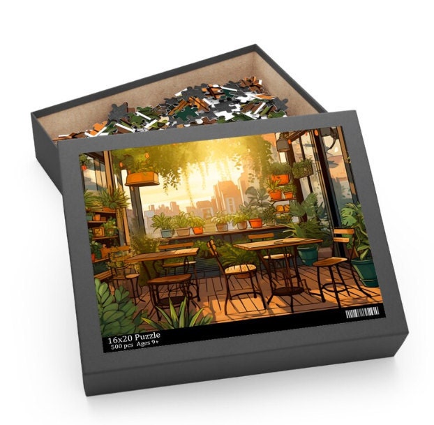 A 11x14 puzzle box featuring a beautiful urban greenhouse filled with vibrant plants and greenery. The box contains 252 pieces, perfect for a calming puzzle experience.