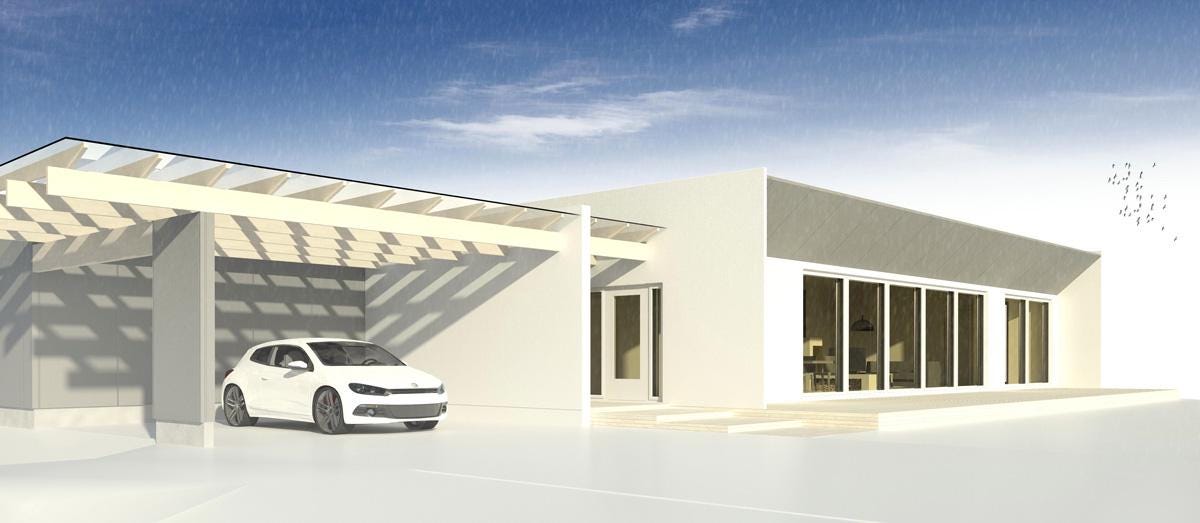 3D render of a modern Nordic house exterior showing natural light and large windows