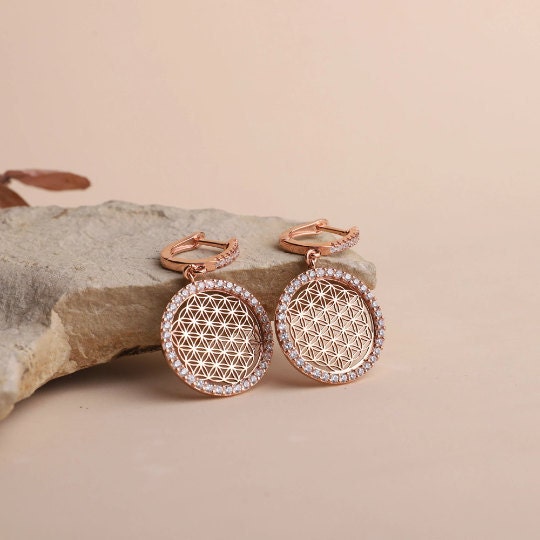 Flower of Life Dangle Pave Hoops Earrings with Huggies