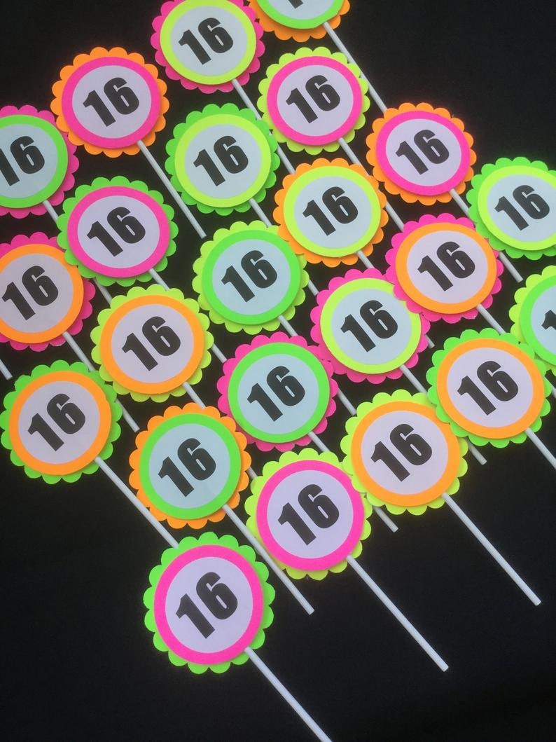 fluorescent neon cupcake toppers with 16