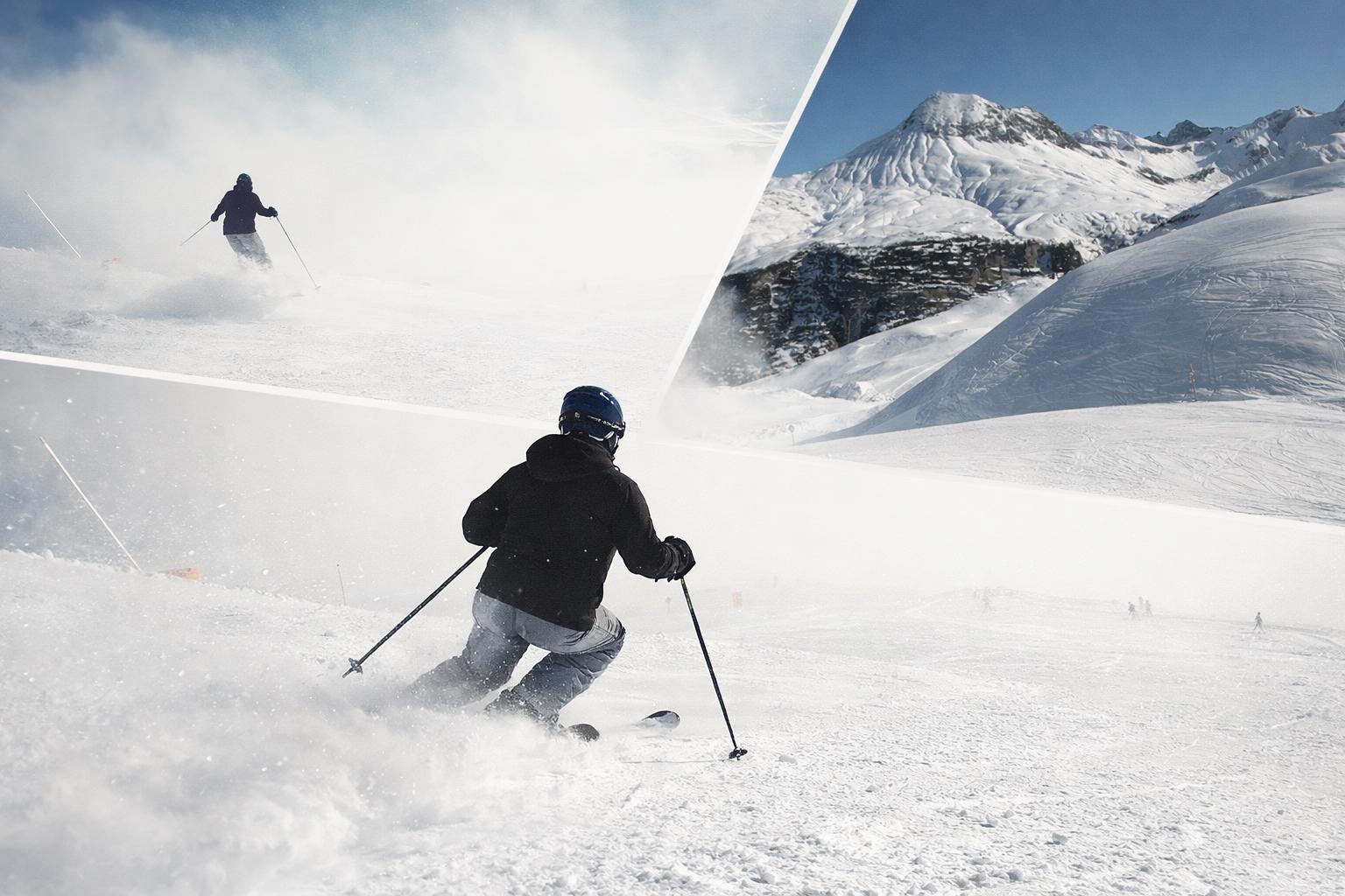 A compilation image of a skier enjying wide empty pistes