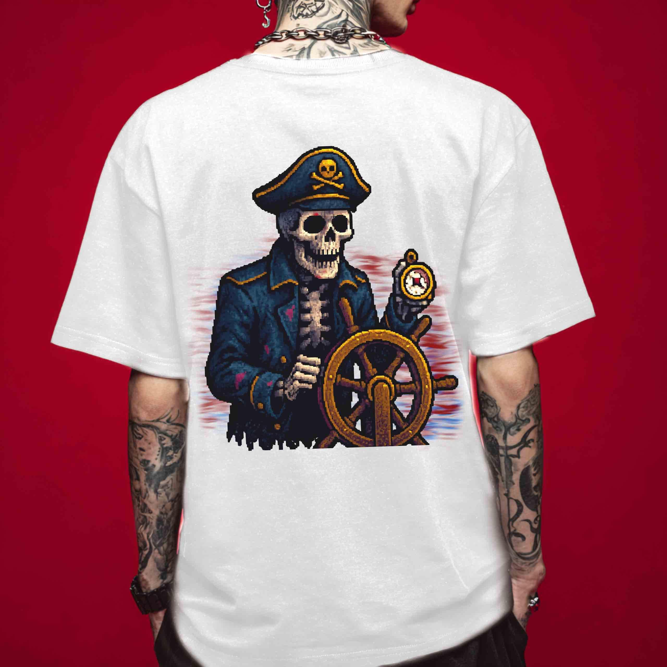 White t-shirt featuring a Gothic skeleton pirate captain illustration, ideal for gothic style fans, pirate enthusiasts, and nautical graphic collectors.