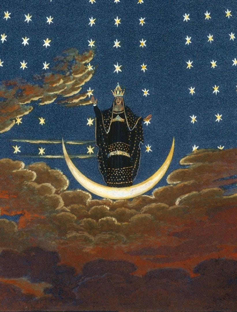 The Queen of the Night appearing in the sky on a crescent moon
