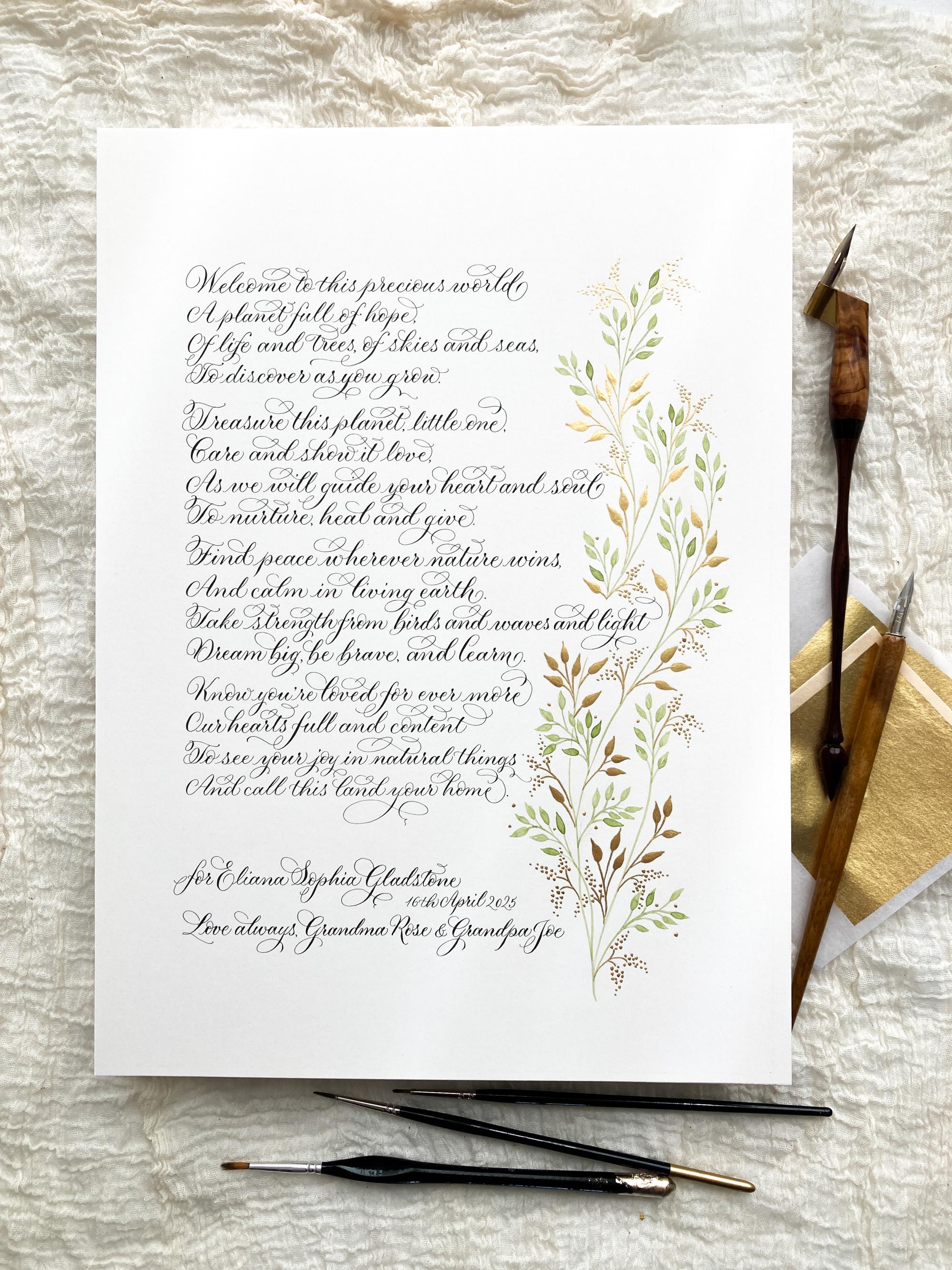 Christening calligraphy gift and keepsake with references to nature