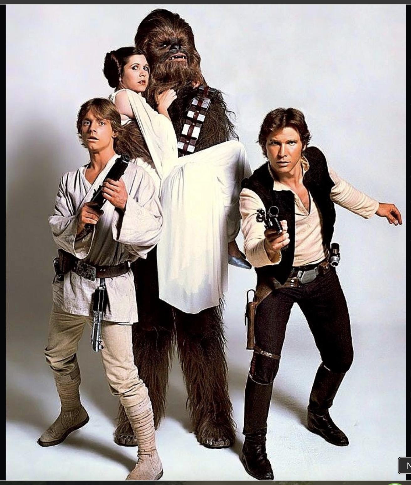 Happy 74th Birthday to American actor MarkHamill  - seen here as Luke Skywalker in a publicity still with co-stars the late actors Carrie Fisher as Princess Leia, Peter Mayhew as Chewbacca and Harrison Ford as Han Solo in fantasy space opera STAR WARS (1977)