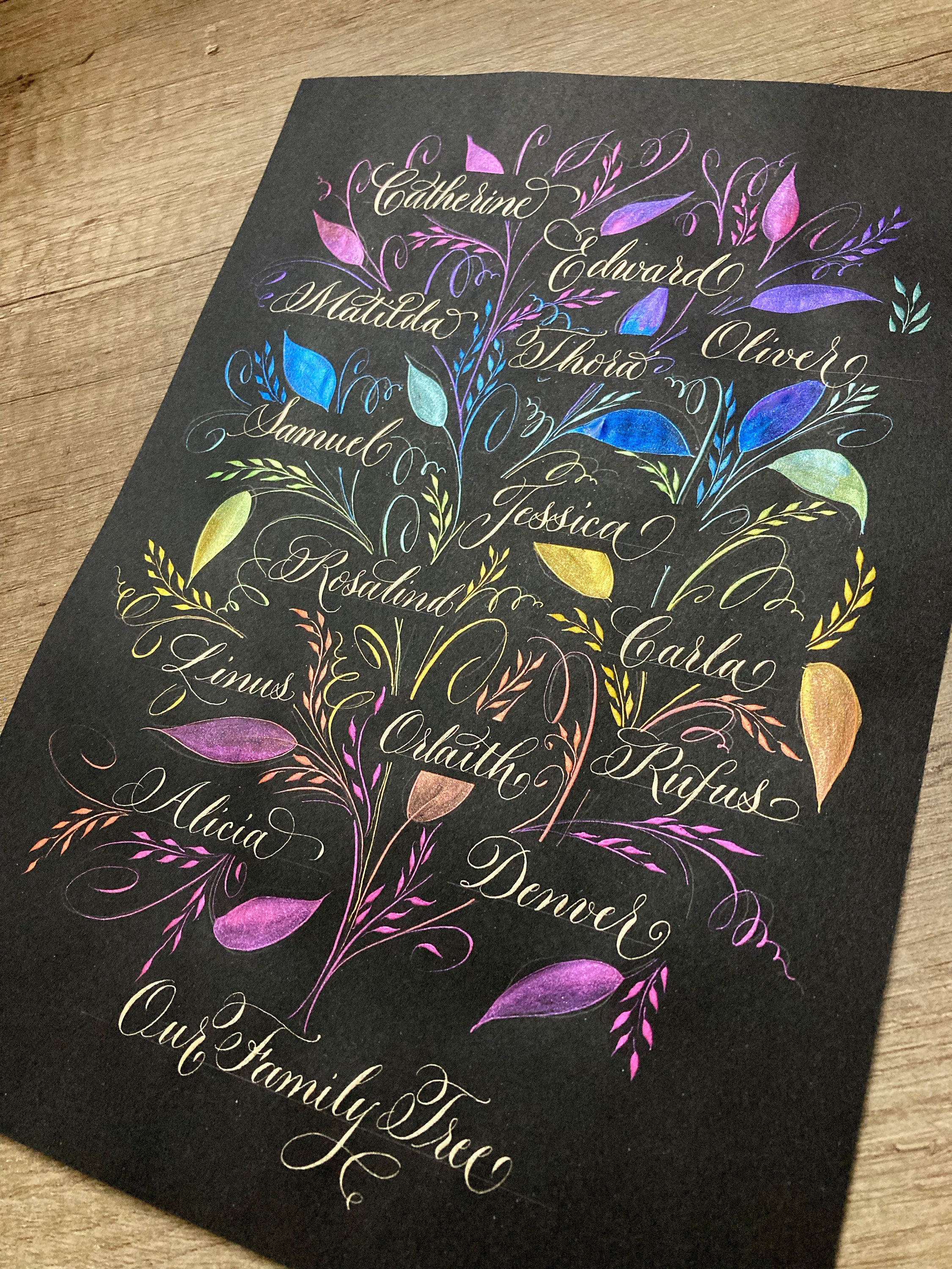 alternative family tree with metallic ink calligraphy By Moon and Tide UK