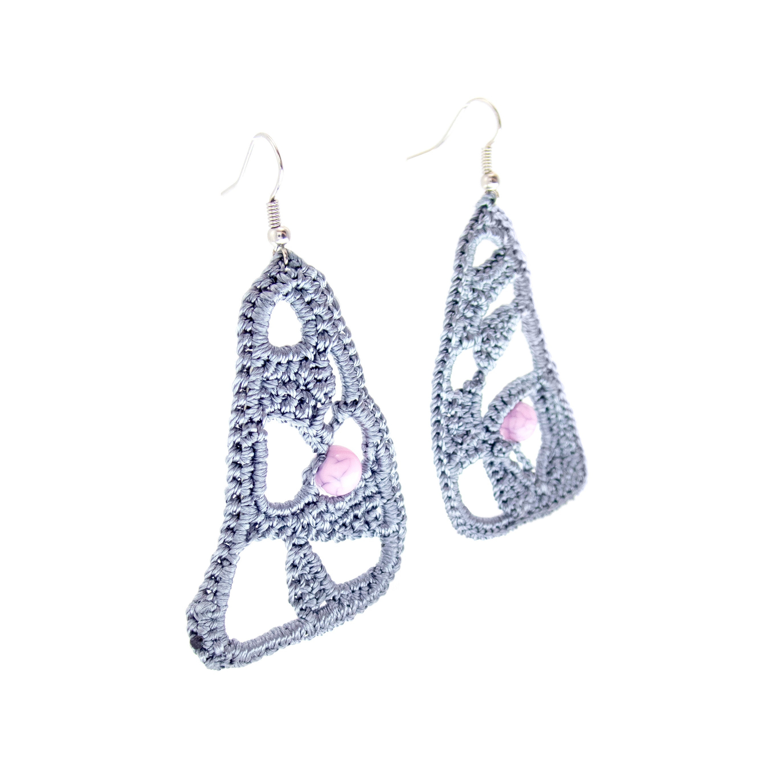 handmade lace earrings for a wedding with grey freeform triangles and pale pink bead