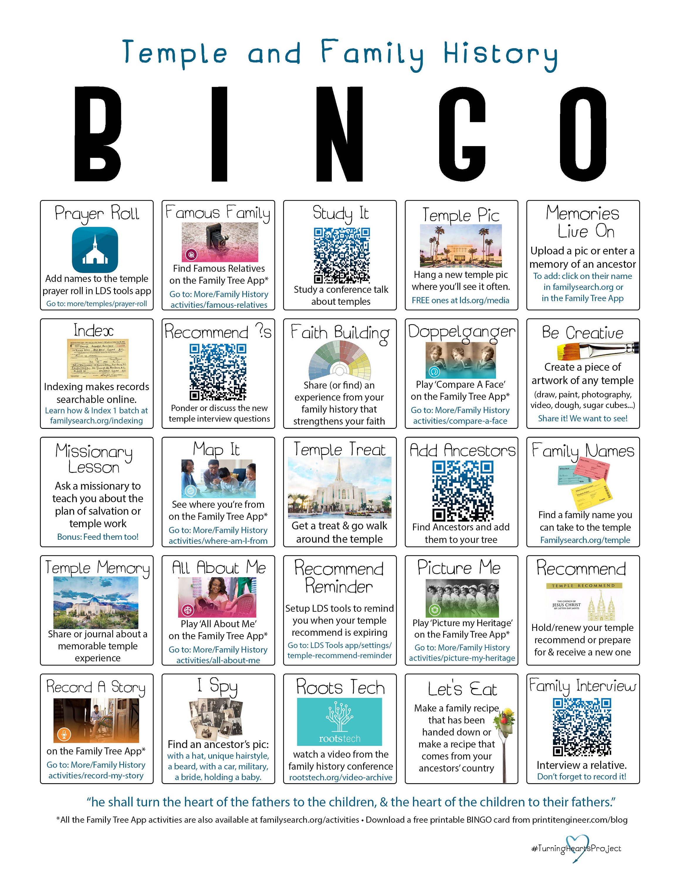 Temple and Family History Printable BINGO Card