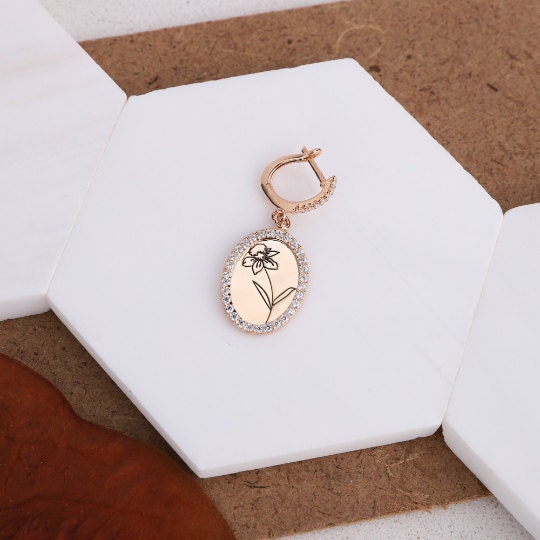 Pave Huggie Hoop Earrings, Birth Flower Earring • Hoop Earrings with Charm • Pave Diamond (cubic zirconia) Earrings • Oval CZ Earrings