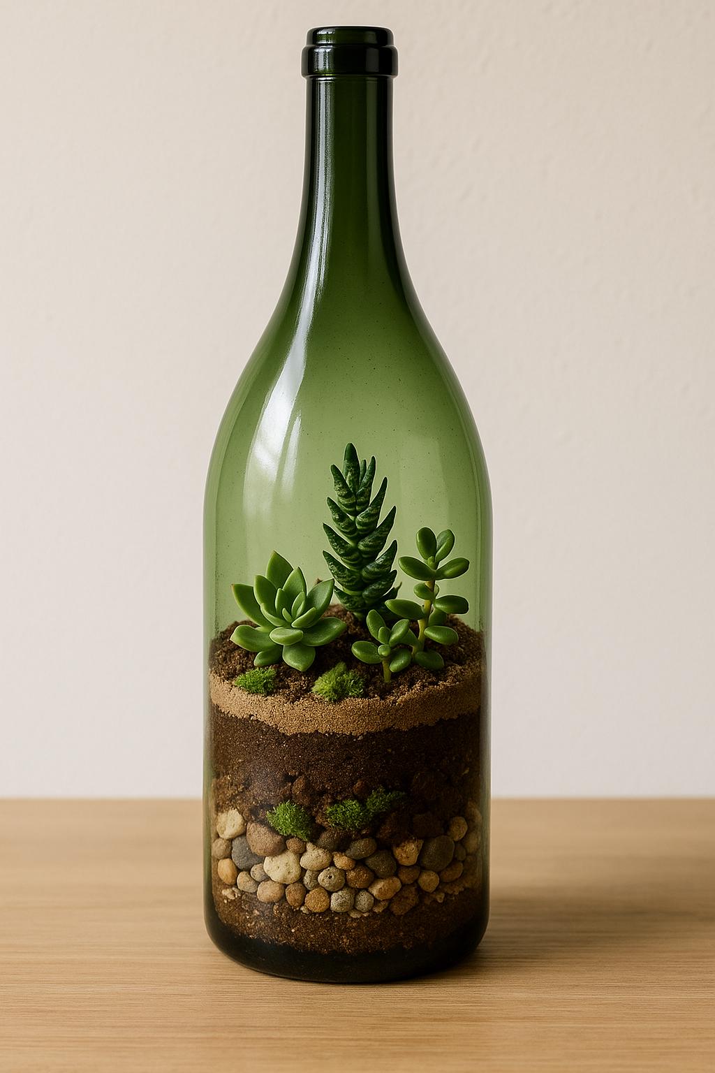 Terrário de mesa: Encha com camadas de terra, areia, pedras e pequenas suculentas.