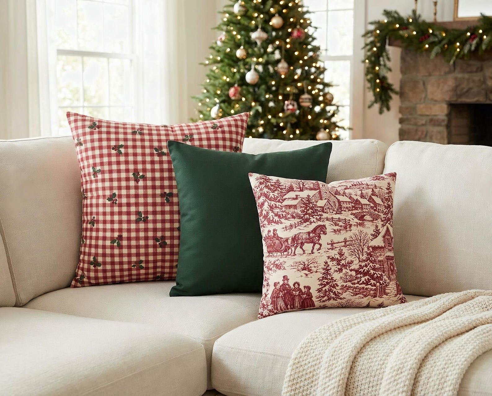 French cottage Christmas couch with red gingham, forest green and red village toile pillow covers by a Christmas tree