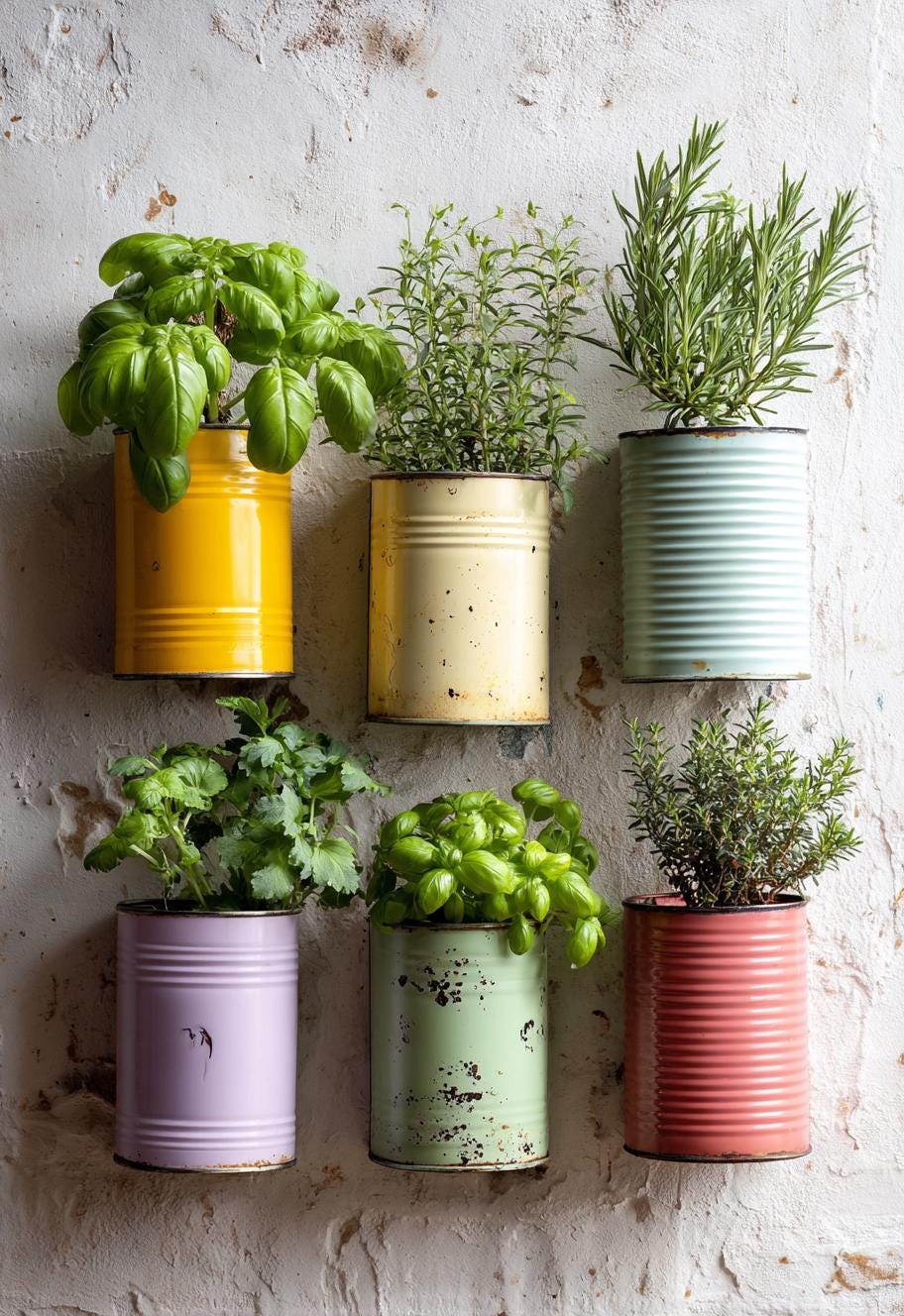 Old tins on a rustic wall repurposed as plant pots for herbs