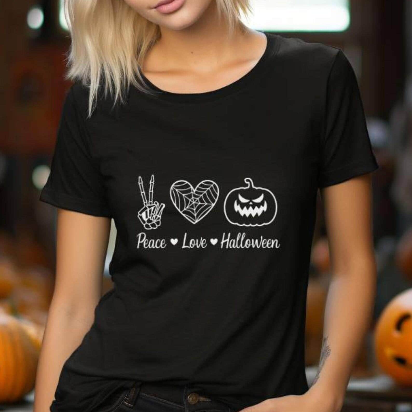Peace Love Halloween Shirt - Womens Cute Halloween Sweatshirt- Halloween Tee Orange - Gildan Maroon Hoodie