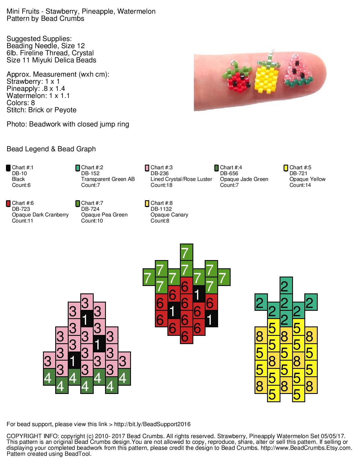Mini Watermelon, Strawberry and Pineapple Brick Stitch Bead Pattern by Bead Crumbs