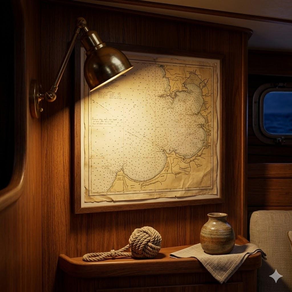A close-up of a teak-paneled yacht cabin wall featuring a framed vintage nautical chart illuminated by a classic brass reading lamp. Below the warmly lit chart, a small wooden shelf holds a decorative woven rope knot and a small rustic ceramic vase.