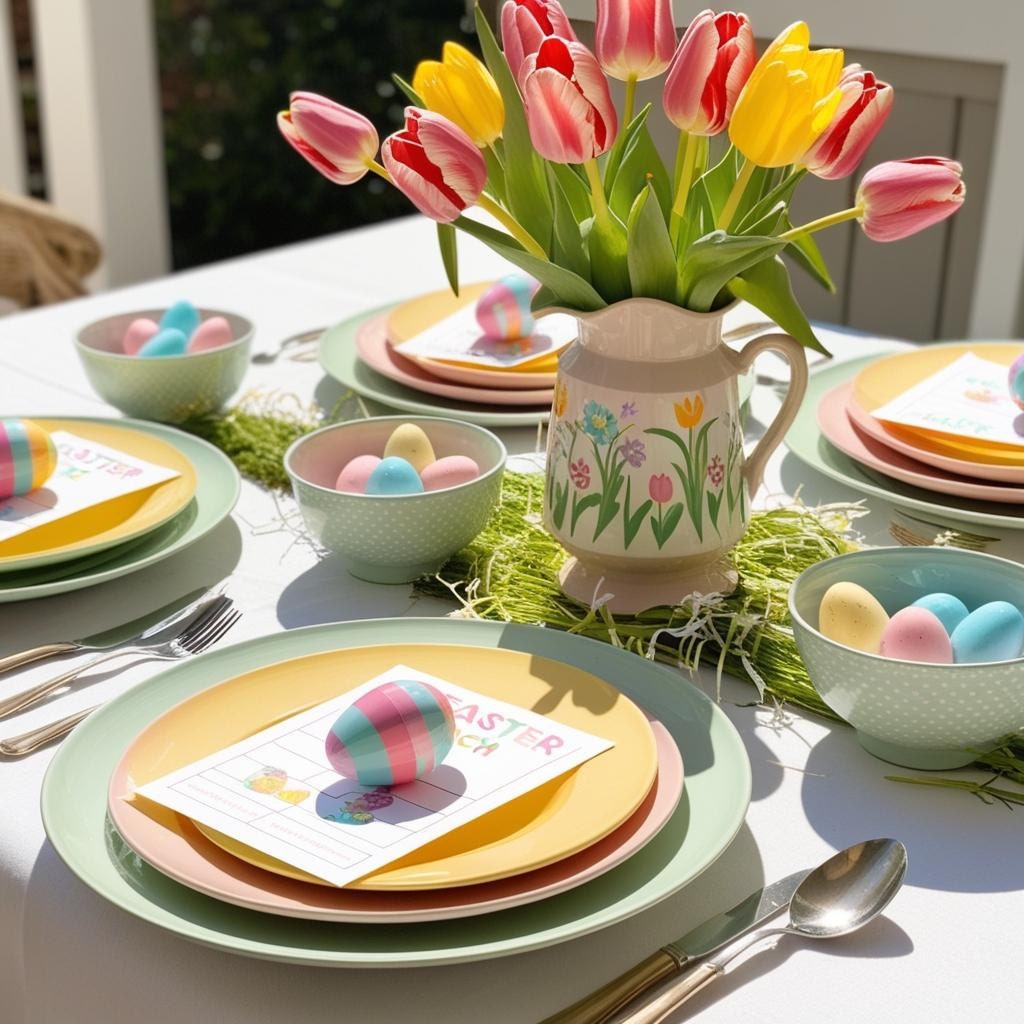 Elegant Easter brunch table setting featuring pastel-colored plates, fresh tulip centerpiece, and printable Easter trivia games at each place setting for a festive spring gathering.