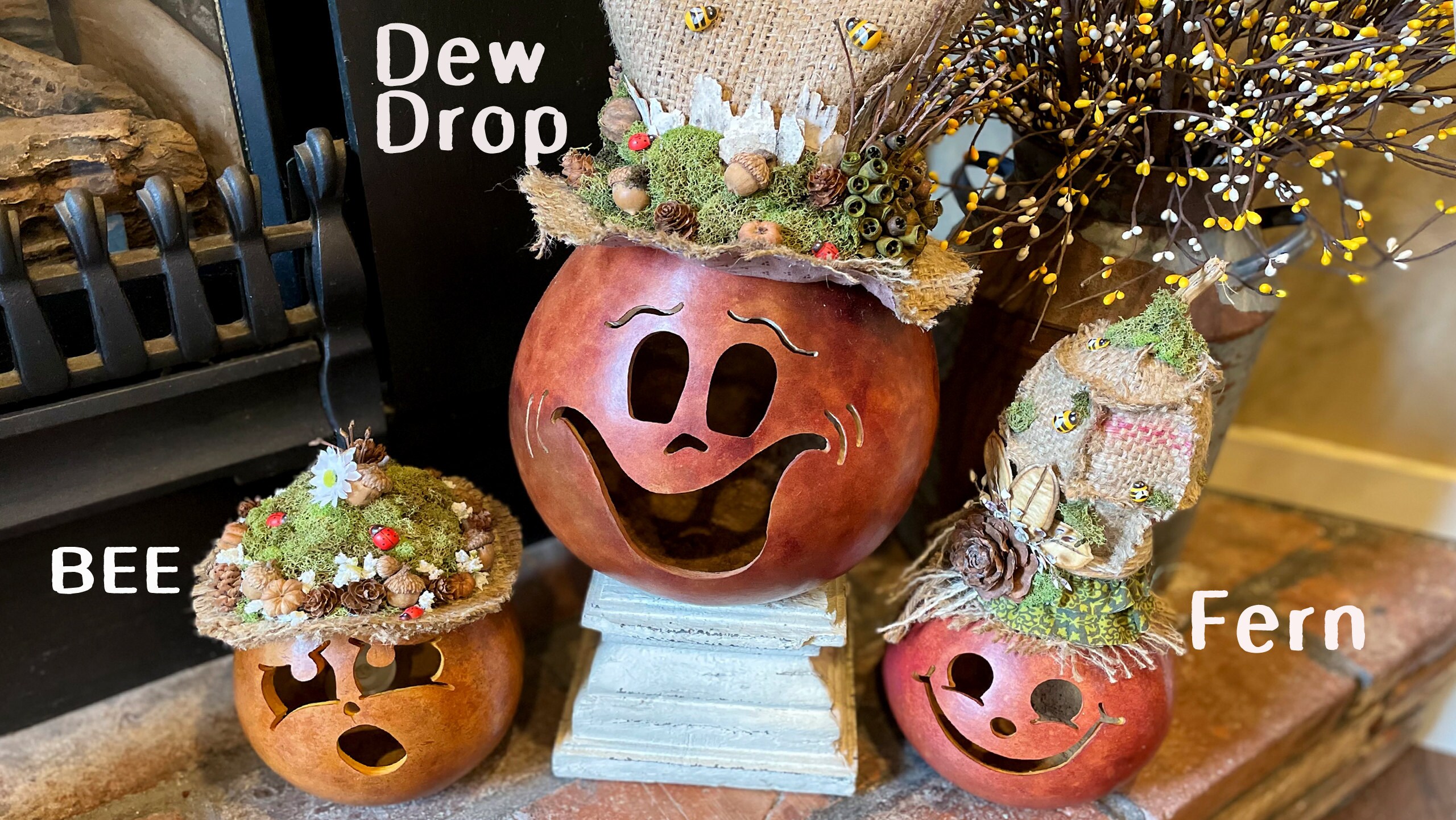 Three gourd characters name Bee, Dew Drop and Fern. These are decorative gourd characters made using real dried gourds. This set has wood fairy themed hates.