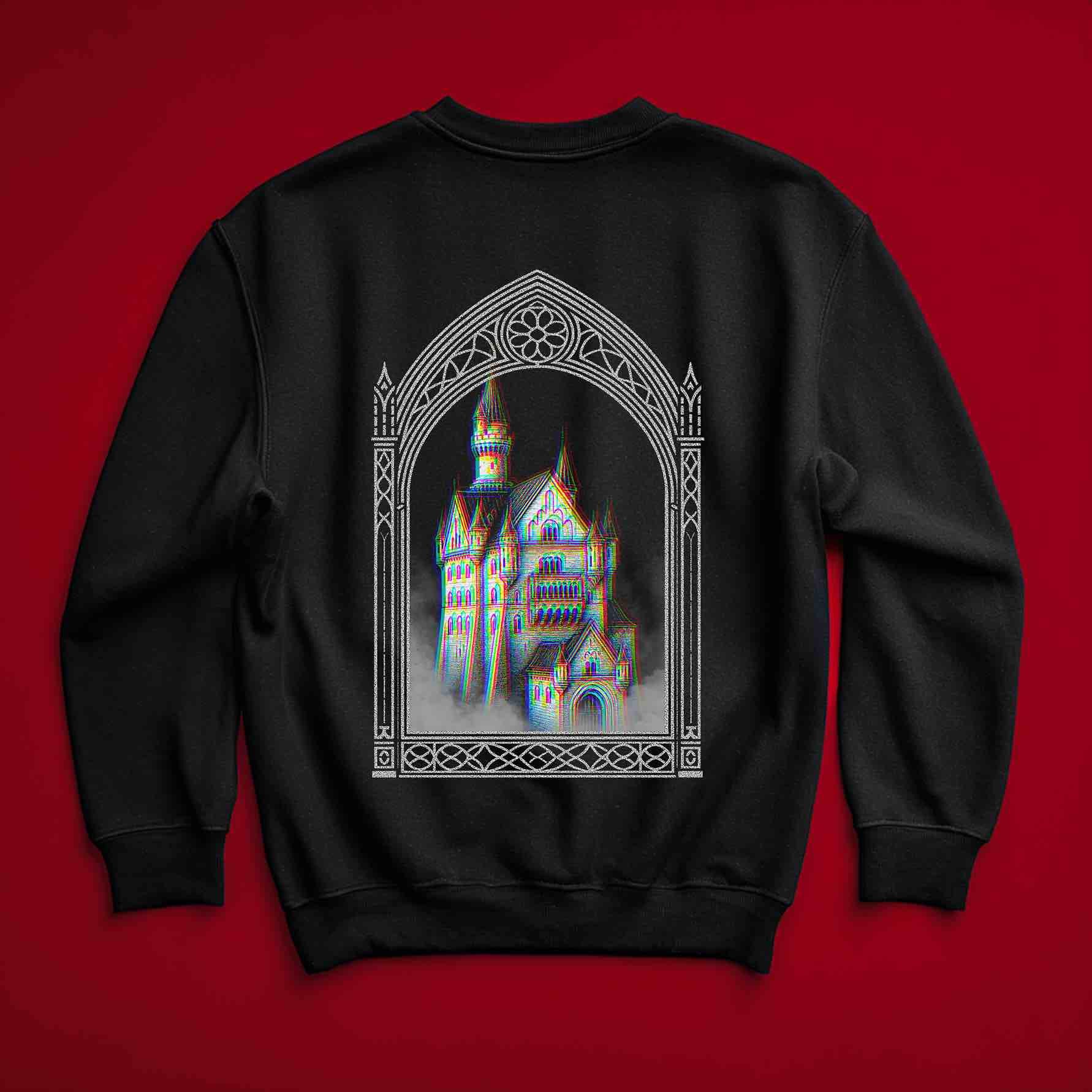 Black crewneck sweatshirt with large back castle graphic in gothic arch and RGB glitch; cozy altwear for cooler nights and museum trips.