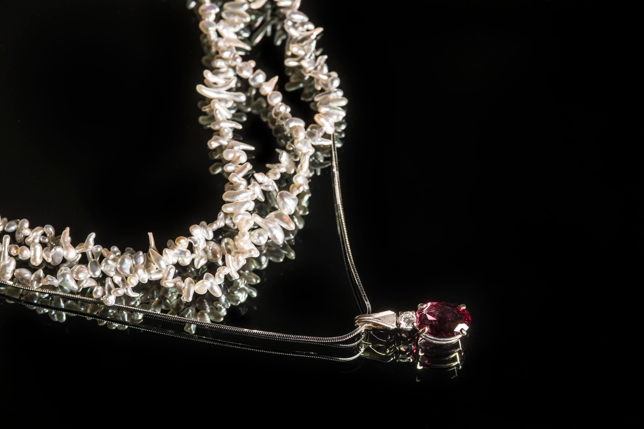 keshi pearl choker, keshi pearls, red chrysoberyl, pendant