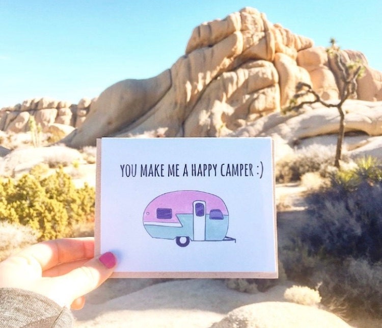 Happy camper, camper blogs, funny travel blogs, camper gifts, Joshua Tree, Visit Joshua Tree, Joshua Tree Photos, Angelica Demiris, ACouplePuns, Greeting Cards, WHolesale greeting cards