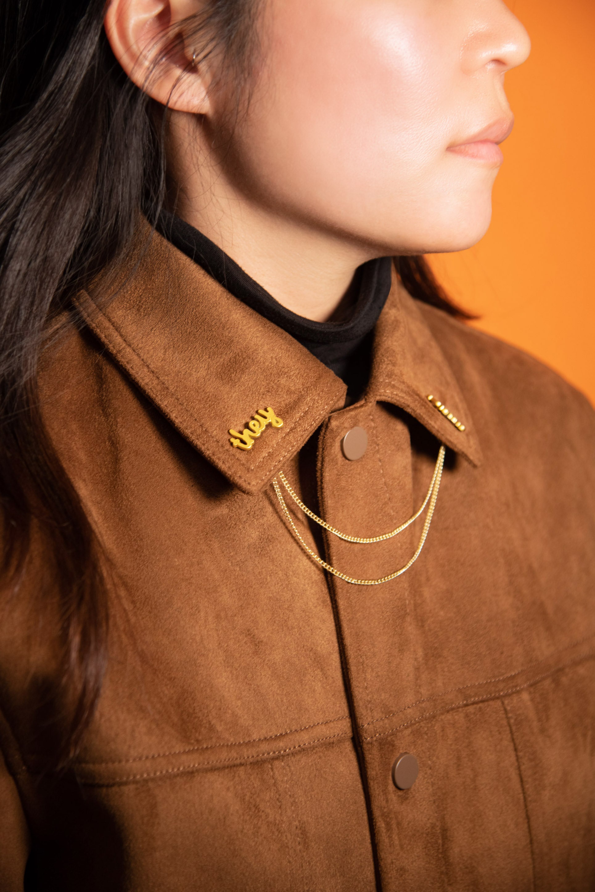 cursive pronoun badges earrings collar chain gold