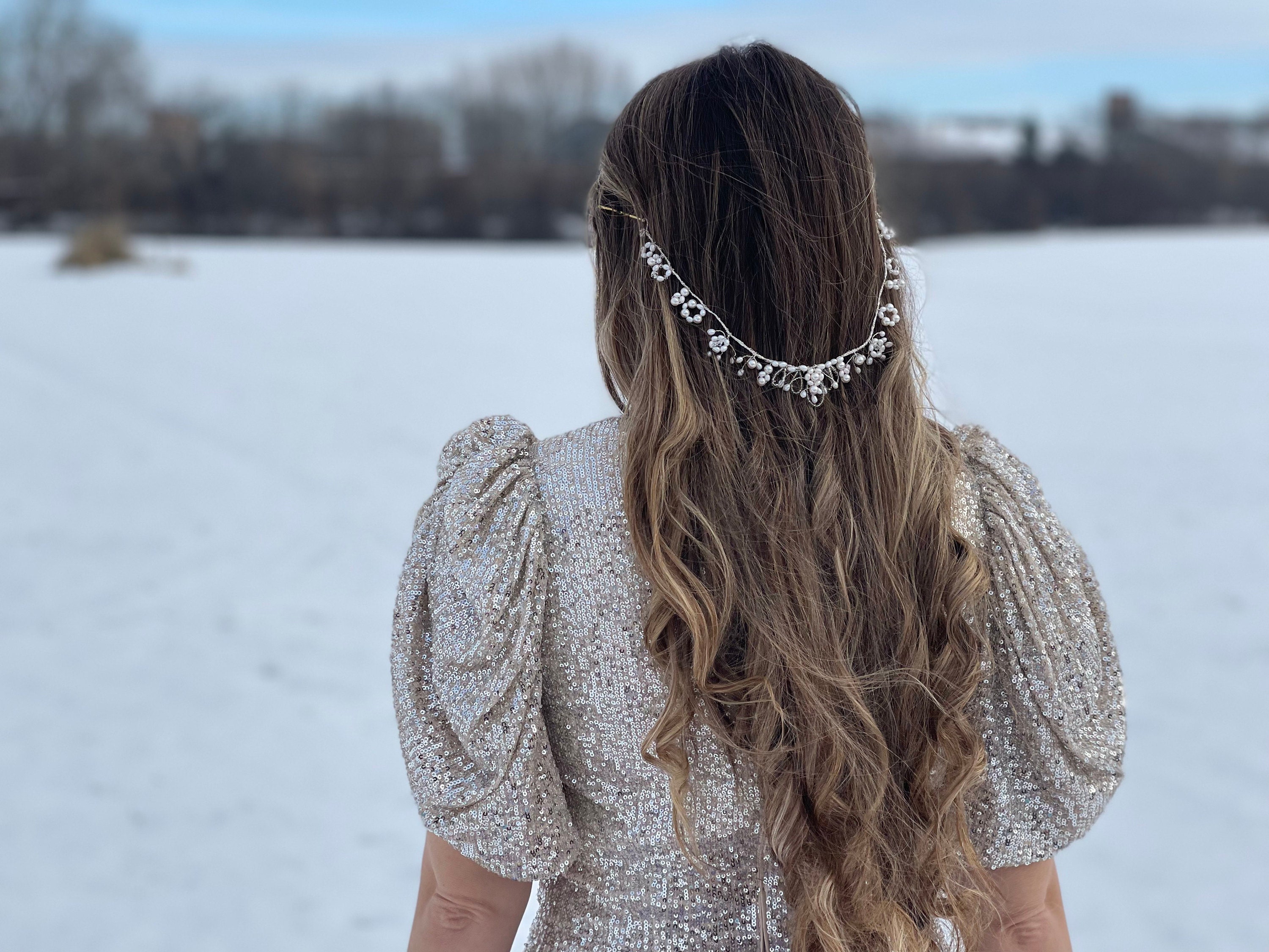 pearl hair vine, pearl hair chain, winter wedding, silver dress, long hair