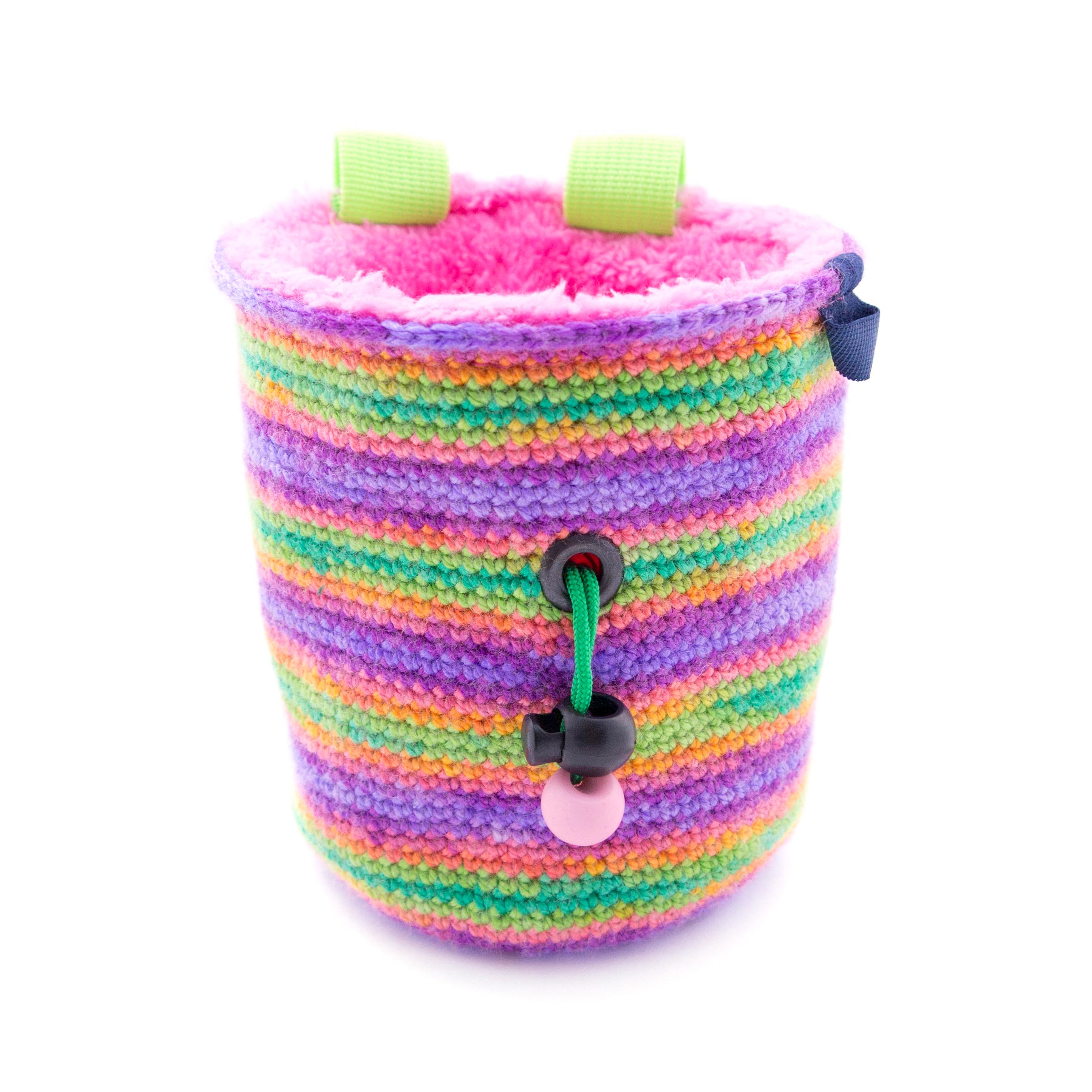 rock climbing chalk bag, handknit construction with easy access opening for quick chalking between climbs.