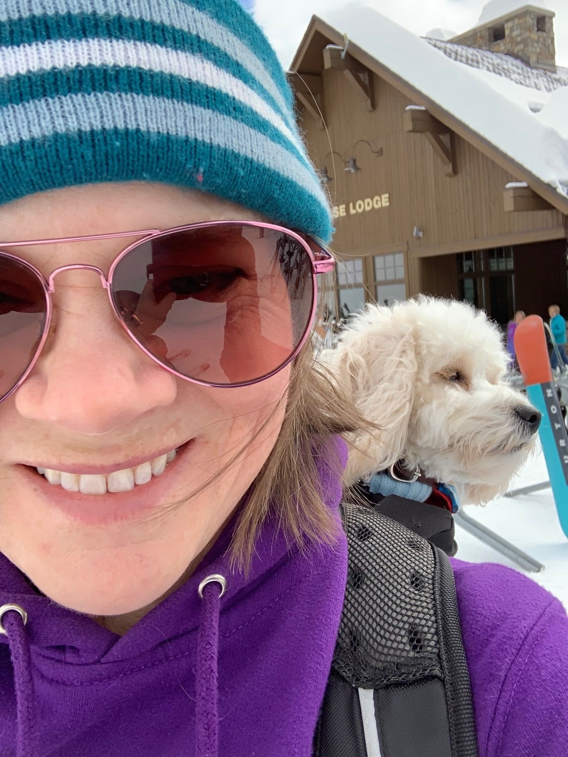 MountainMomma Holly keepin Blue where she can see her boy on the slopes