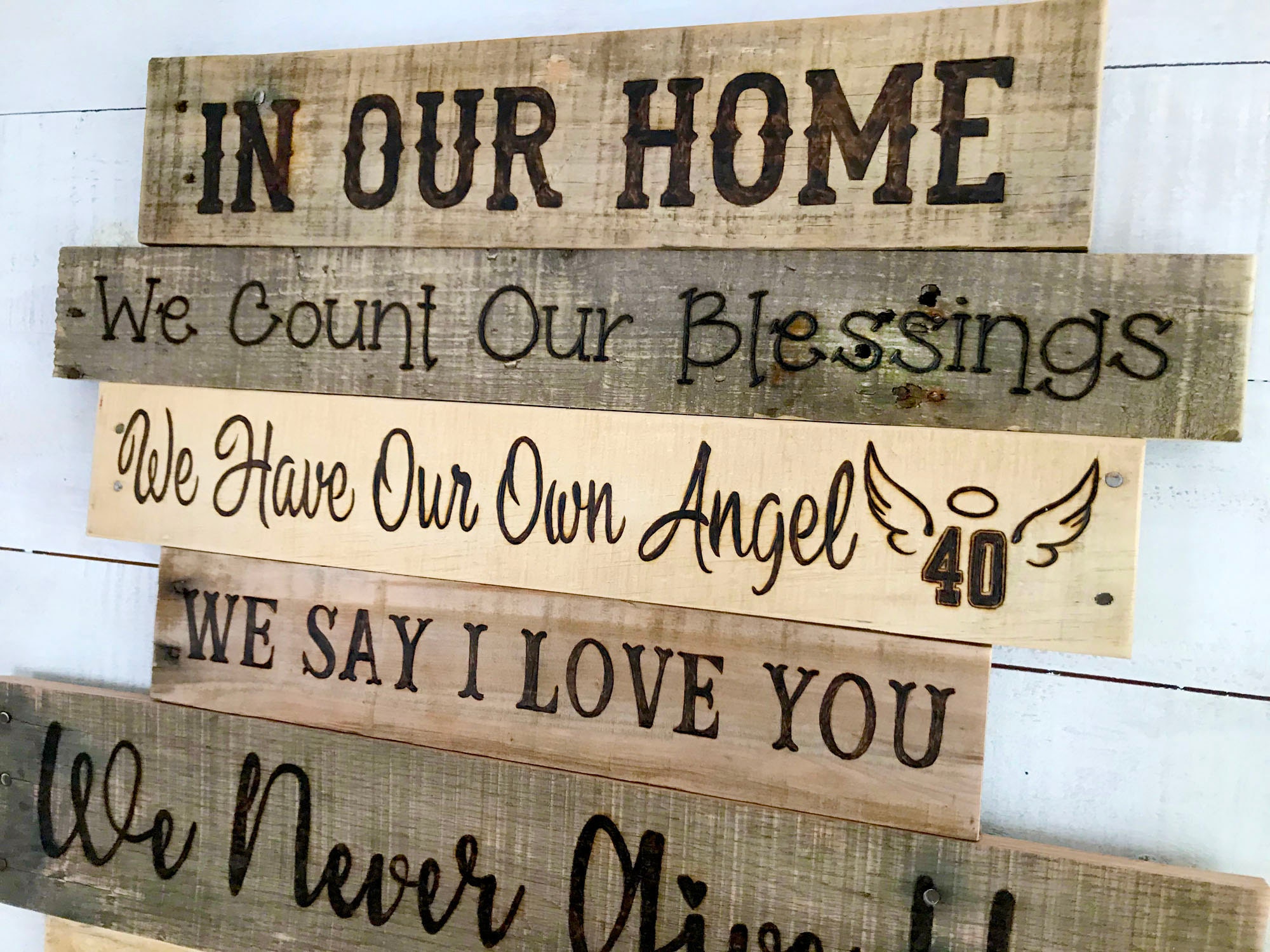 Personalized Family Rules, In Our House, Sign. Large wood wall decor with wood burned decorative lettering.
