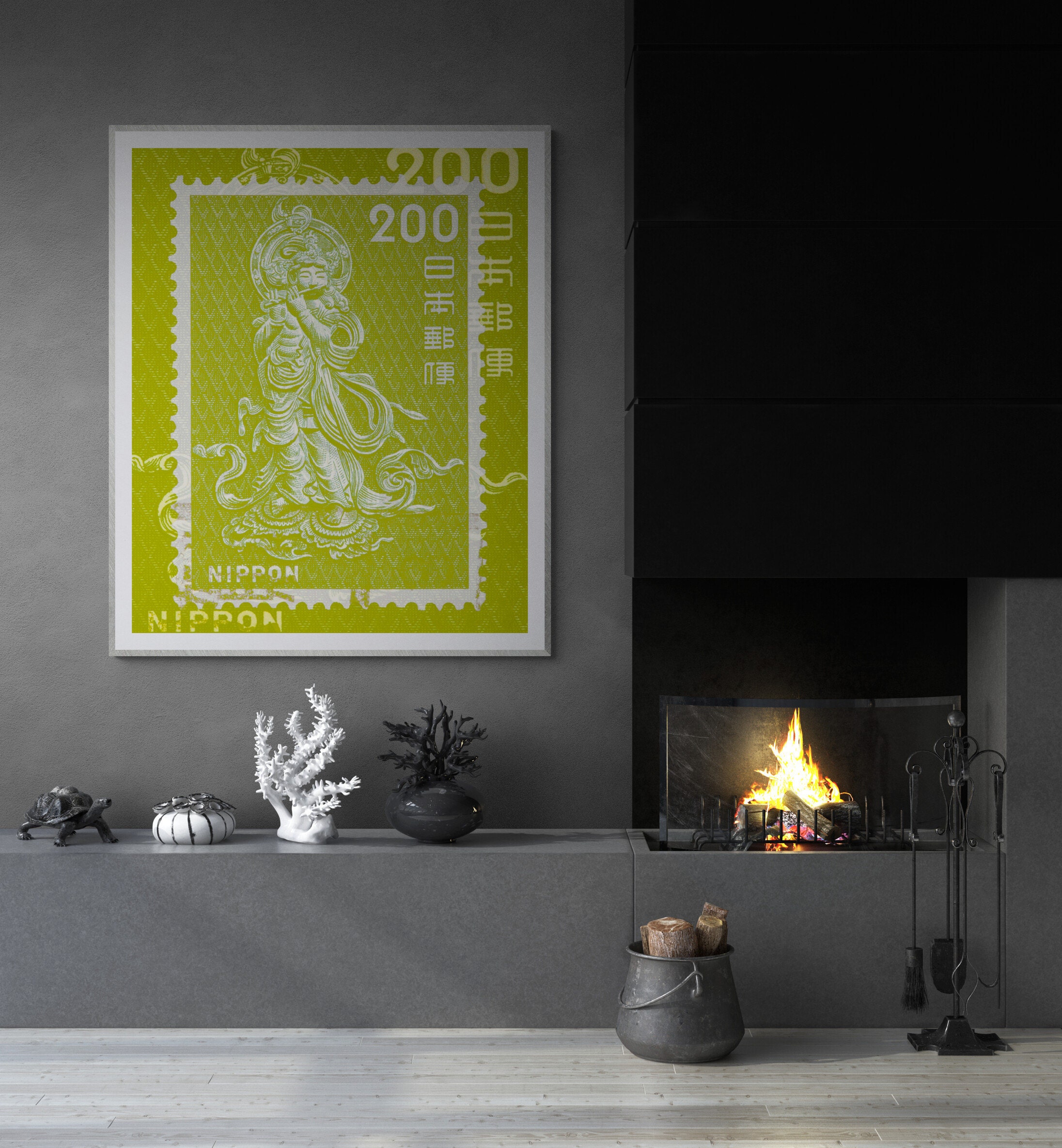 Stamp Collection Art- Postage stamp fine art print- japanese nippon stamp art of bodhisattva in yellow