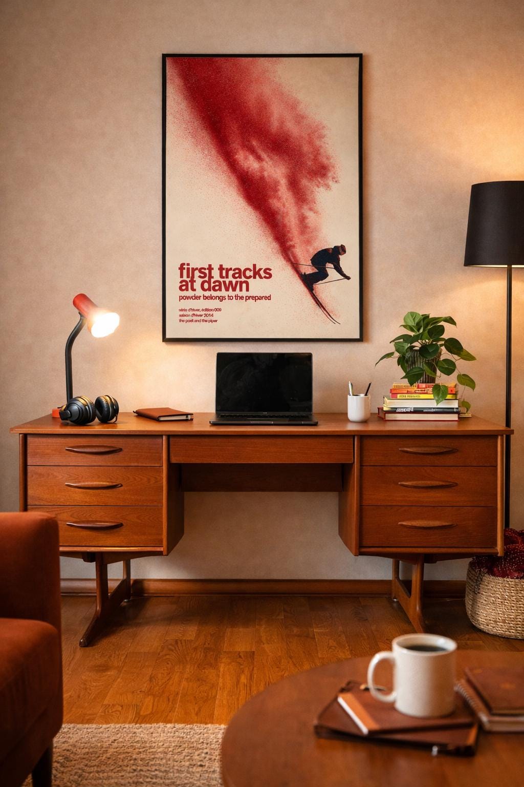 Uniflex ‘Q Series’ Desk / Dressing Table paired with a Ski Poster Print in a Black Frame