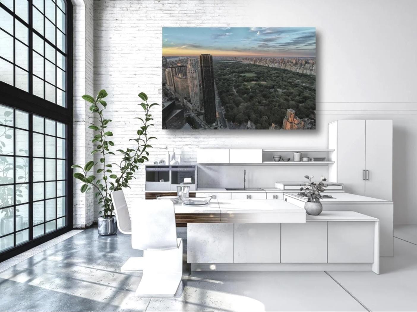 An urban loft kitchen adorned with a large, vibrant cityscape canvas