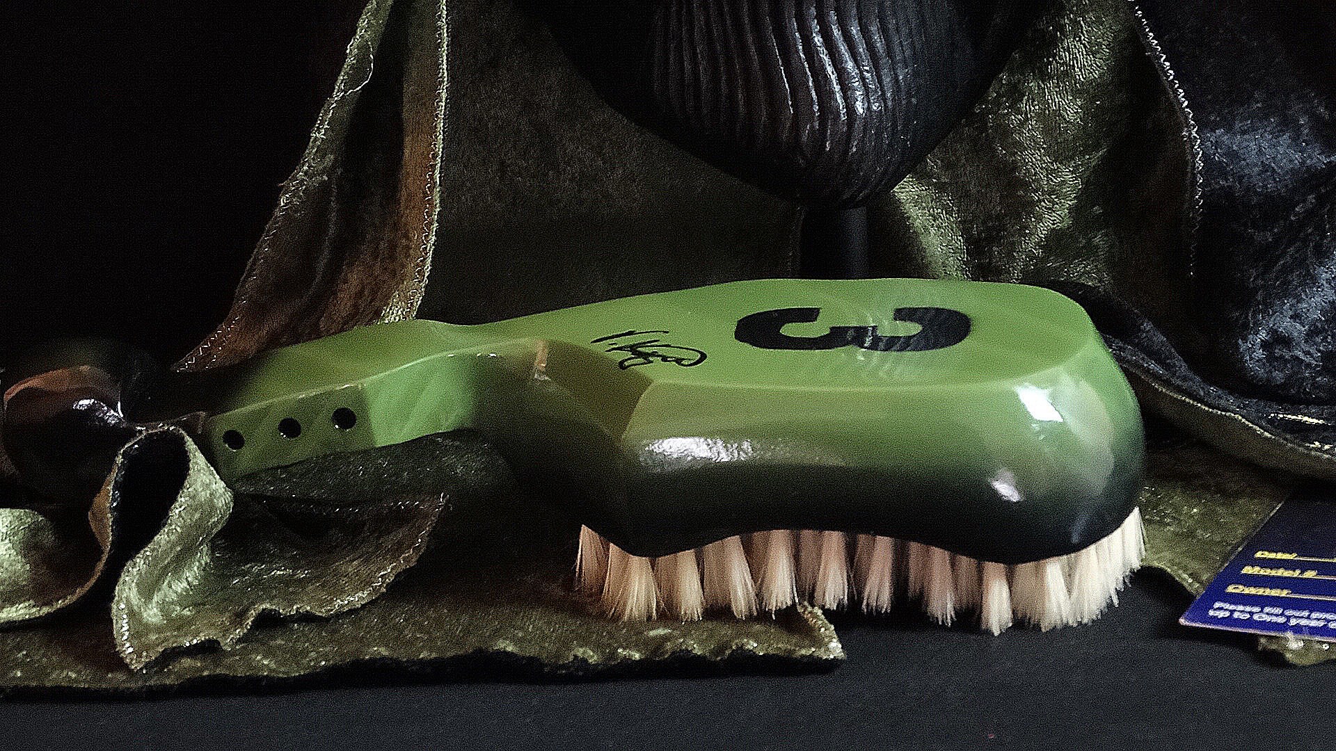 New!! Look Slimmer Design Our Newest Edition King Scorpion 360 Wave Brush Signature By V. Knight, Designer, Artist, And Creator. New!! 2018 King Scorpion 360 Lime Green & Black Custom 360 Wave Brush Signature Edition With Glow Effect Logo and Signature By Designer V. Knight - New!! Olive Green/Panther Black Large Custom Fat Lace Velvet Du-Rag With Metallic Embroidery King Scorpion 360 Logo Design. PACKAGE CONTENT: 1# New King Scorpion 360 Custom 360 Wave Brush - Custom Lime Green & Black Soft 10 Row Loose. Autographed and Signed By V. Knight Color: Lime Green/Black Rows: 10 Row Curve Logo: Glow Effect 3 - Charge in Natural Light for Glow Effect Hair Brush Type: Long Handle Curved Wood Hair Brush Bristle Strength: Soft Bristle Quality: Natural Boar Bristle Weight: 8oz Process Time: 1 to 2 Weeks Shipping: 2 Day Priority ( After Process Time) (Great For Short 360 Wave Pattern) 1# 1 Year Limited Warranty 1# New King Scorpion 360 Large Custom Double Sided Crushed Fat Lace Designer Velvet Du-Rag By T. Walker Color: TOP Panther Black - BOTTOM Olive Green Logo: Gold Metallic Embroidery King Scorpion 360 Design