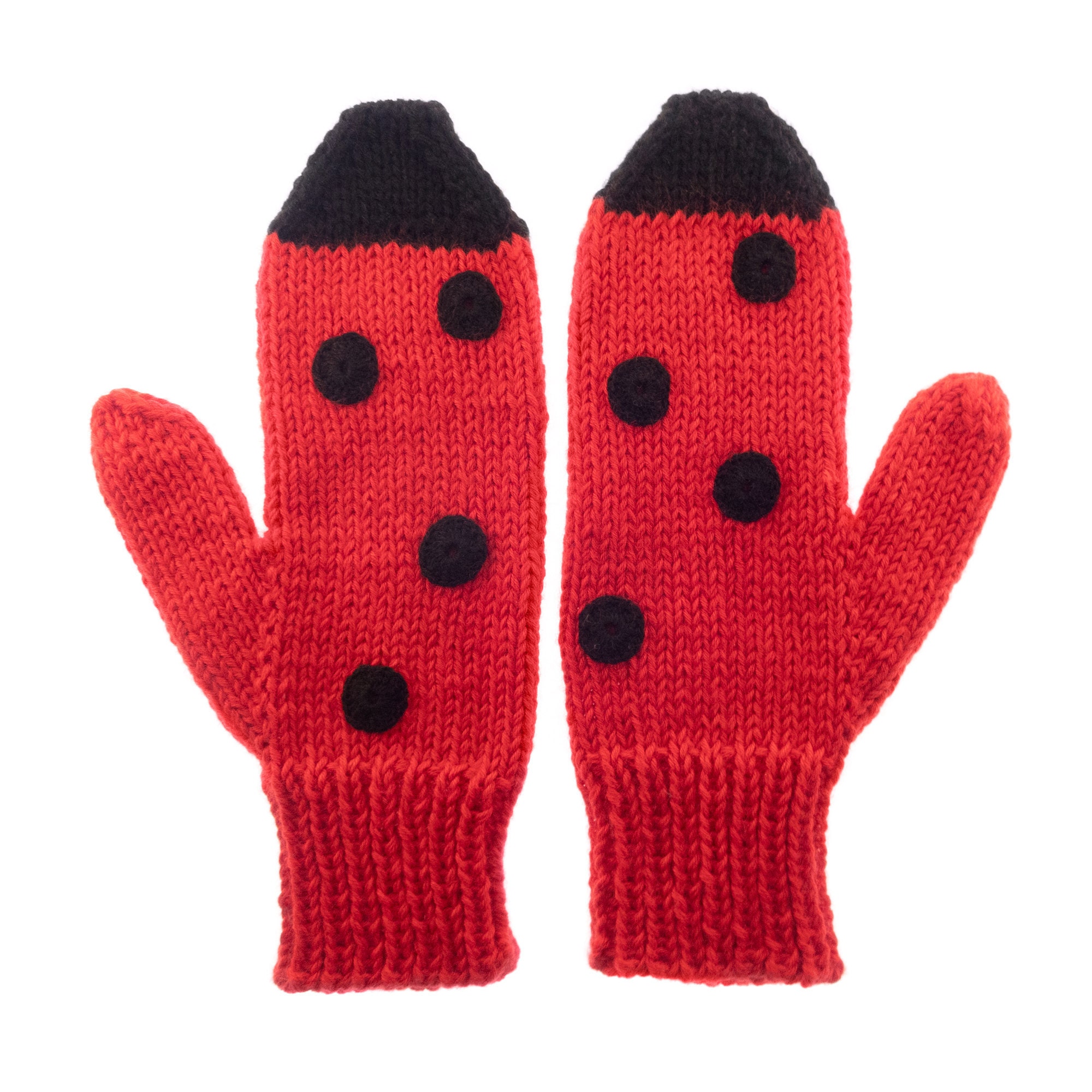 adults mittens, warm knitted winter mitts with ladybug theme