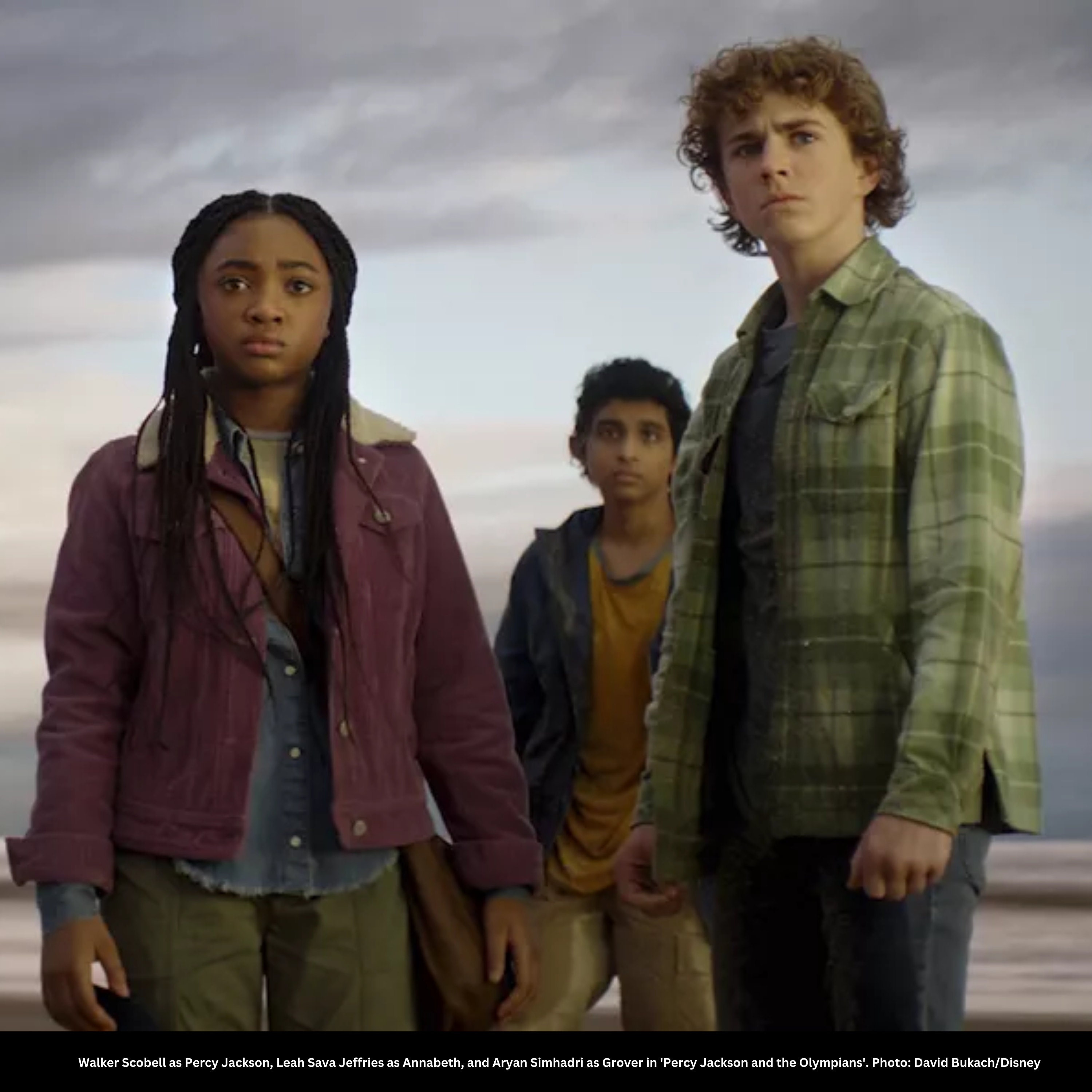Walker Scobell as Percy Jackson, Leah Sava Jeffries as Annabeth, and Aryan Simhadri as Grover in Percy Jackson and the Olympians. Photo: David Bukach/Disney
