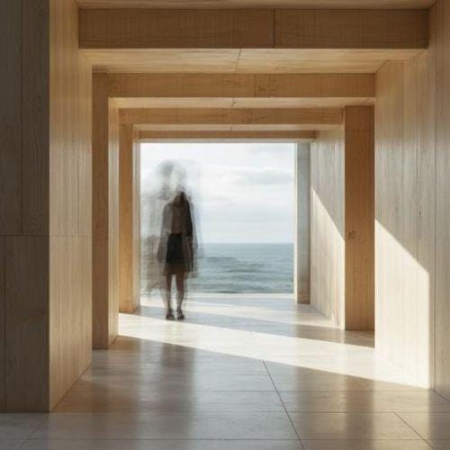 A blurred human figure moving through a calm Nordic interior, emphasizing architecture as a lived and experienced space