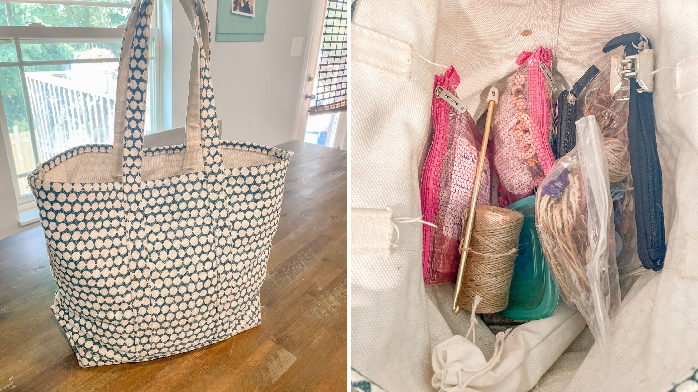 Canvas Tote Bag with crochet supplies inside