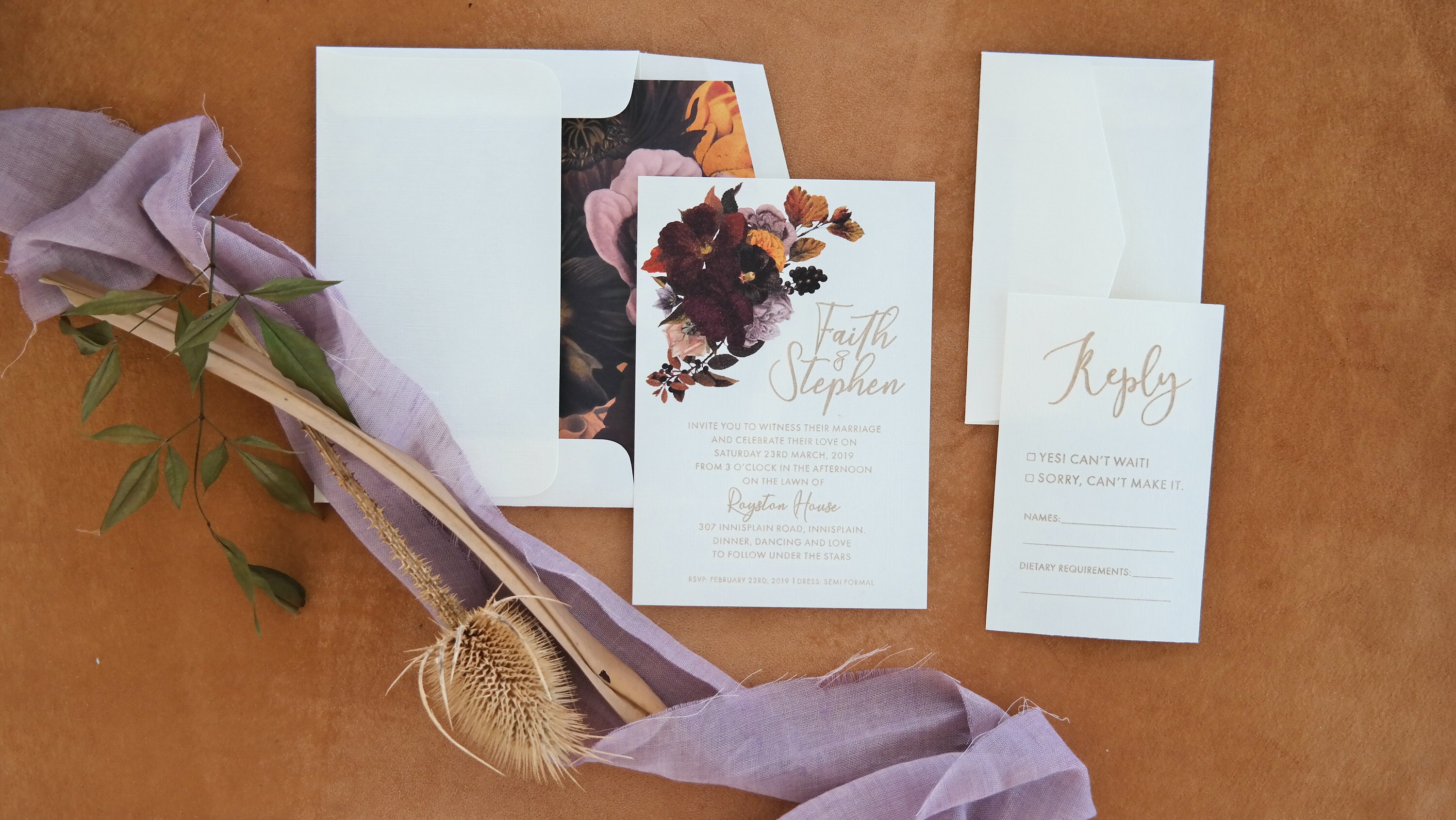 Auburn Plum wedding invitation suite