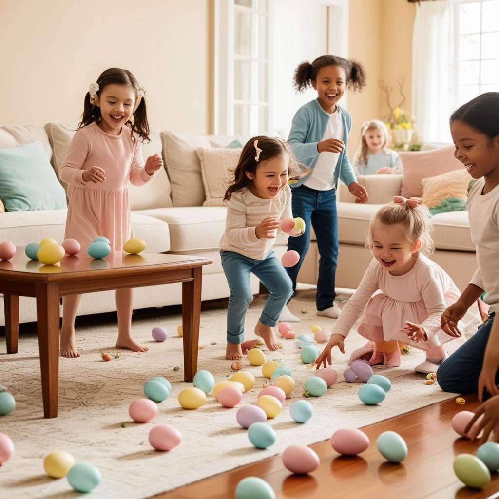 Indoor Easter egg hunt with kids finding eggs near couches and tables, printable hunt cards in hand, cheerful chaos.