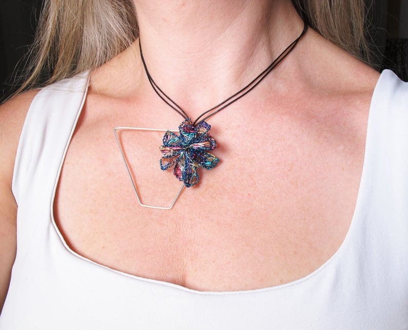 Blue flowers, flower necklace, art jewelry