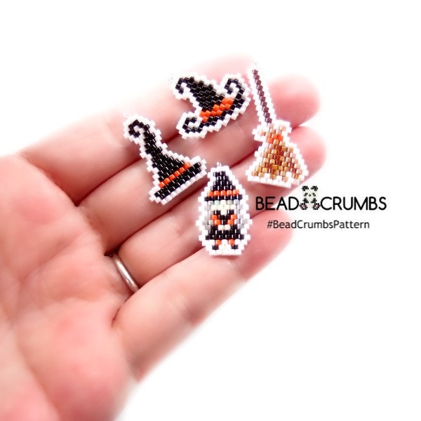 Witch, witch hat, witch broom, bead pattern set by Bead Crumbs. Pattern copyright 2018,