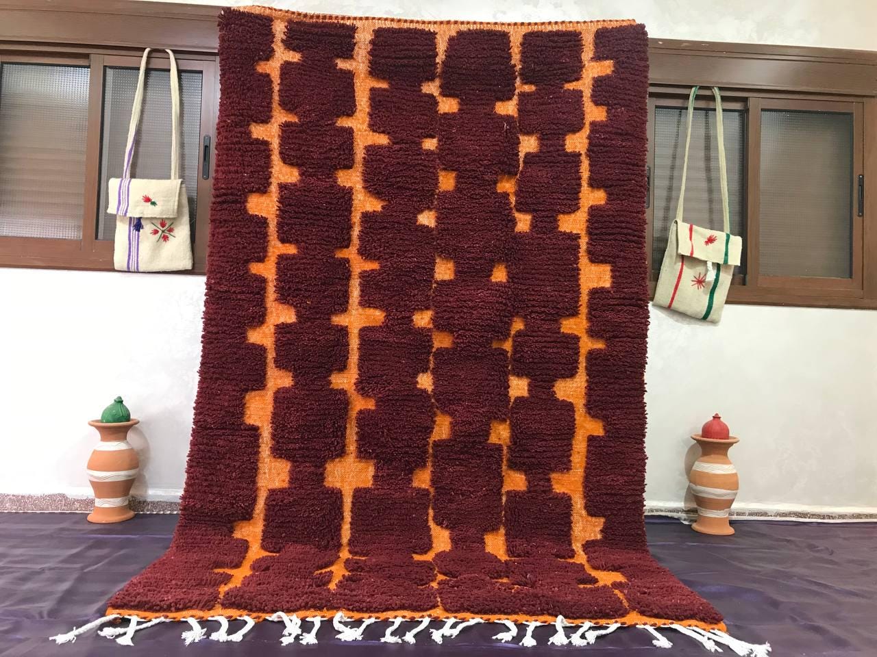 hand-knoted moroccan berber wool rug,red and orange boho