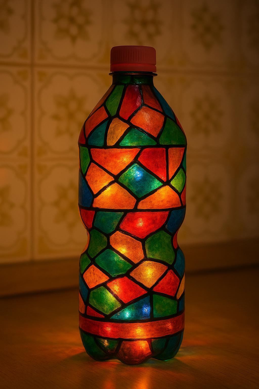Luminária ou lanterna artesanal • Fure o fundo da garrafa e insira pisca-piscas. • Decore com tinta vitral ou recortes.