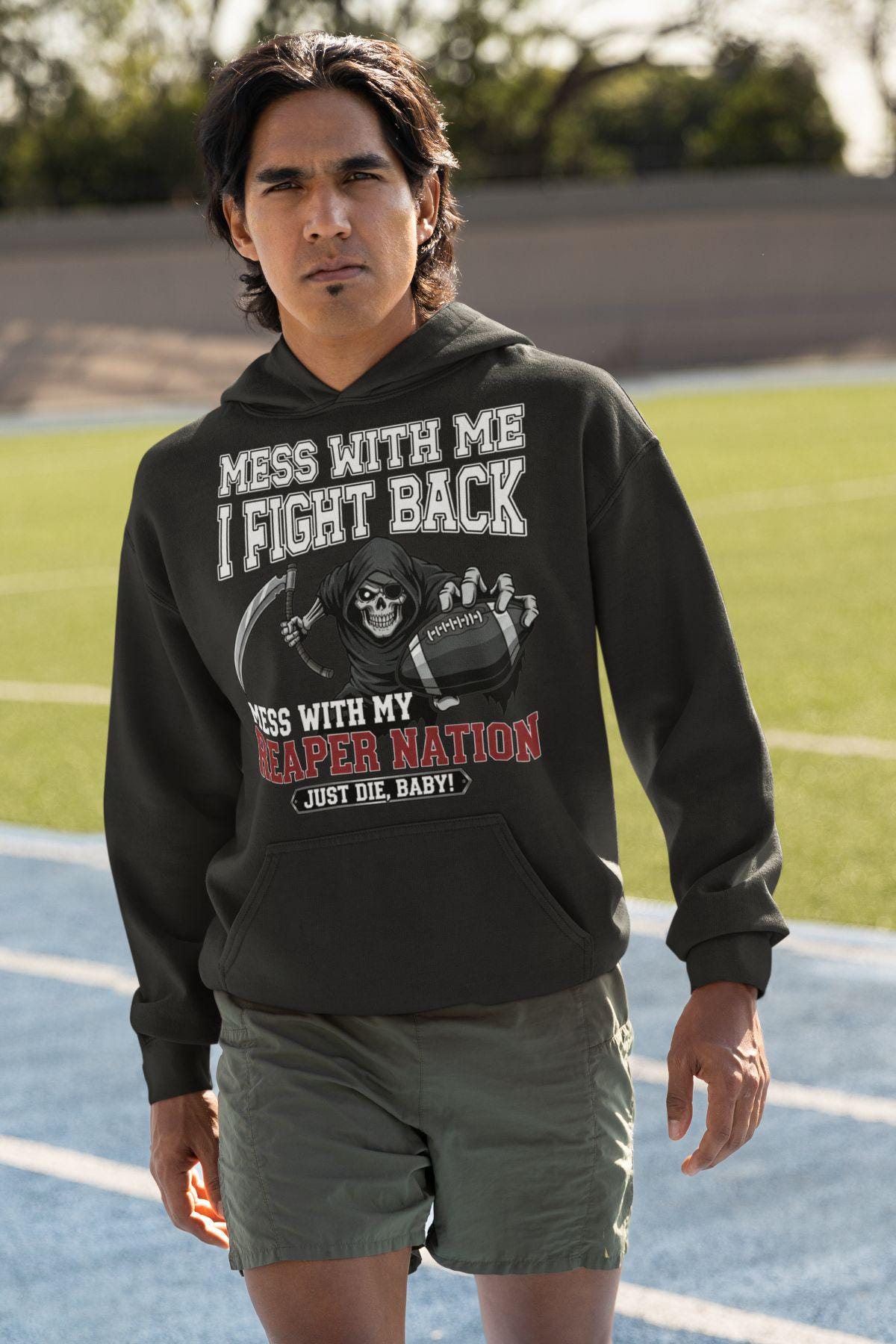 Black version of the Just Die Baby sweatshirt.