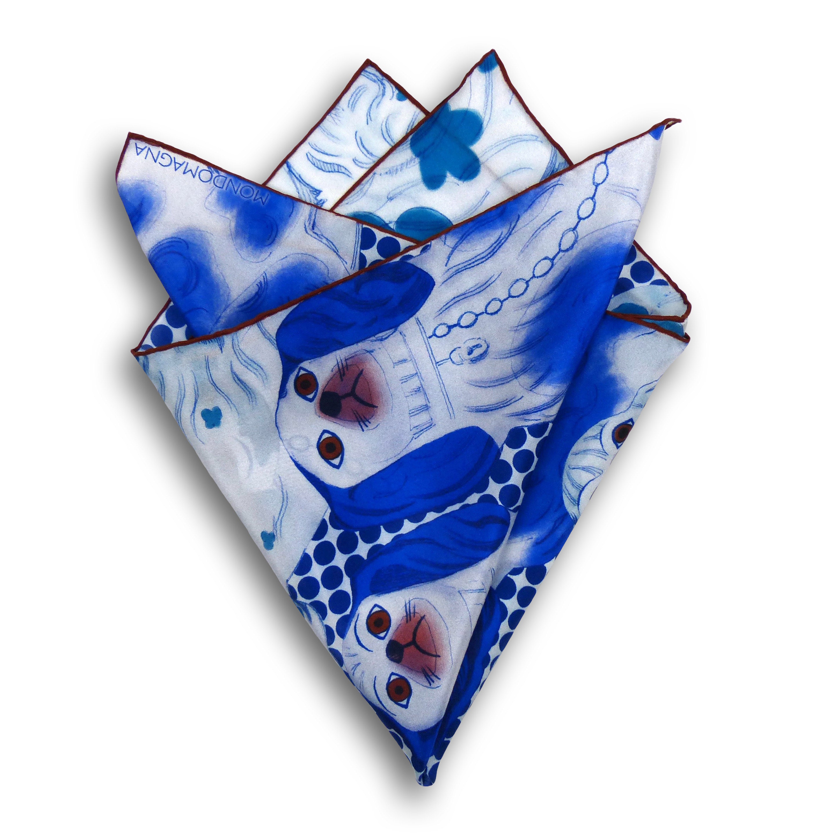 folded dogs design pocket square with brown hem detail